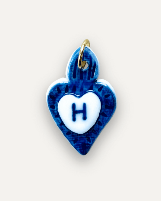 Charms - Blue Heart Porcelain Pendant - Letter H