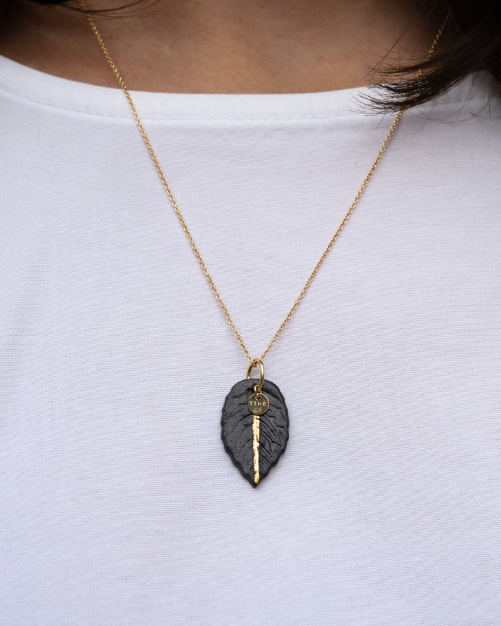 Charms - Black Leaf Porcelain Pendant with Gold Line