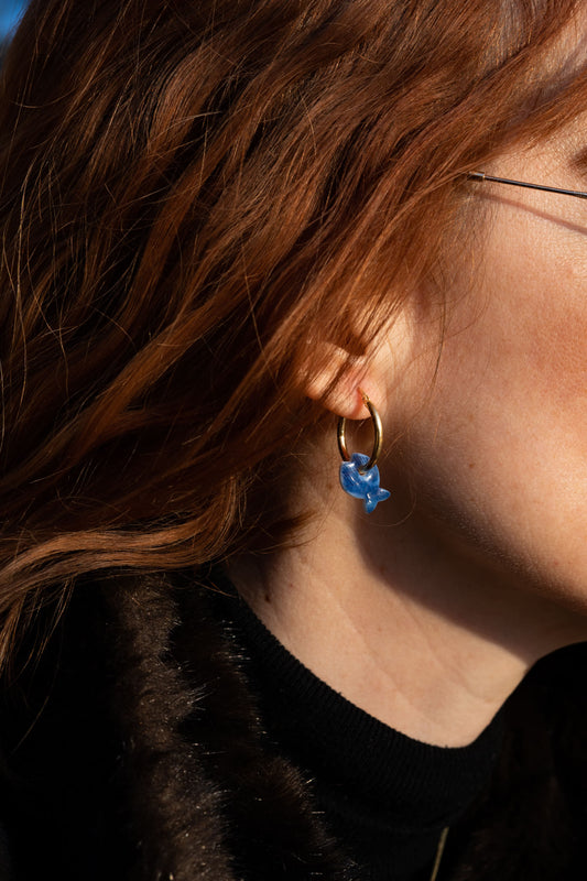 Orecchini a Cerchio - Argento 925 e Pendente in Porcellana Pesce Tinta Unita