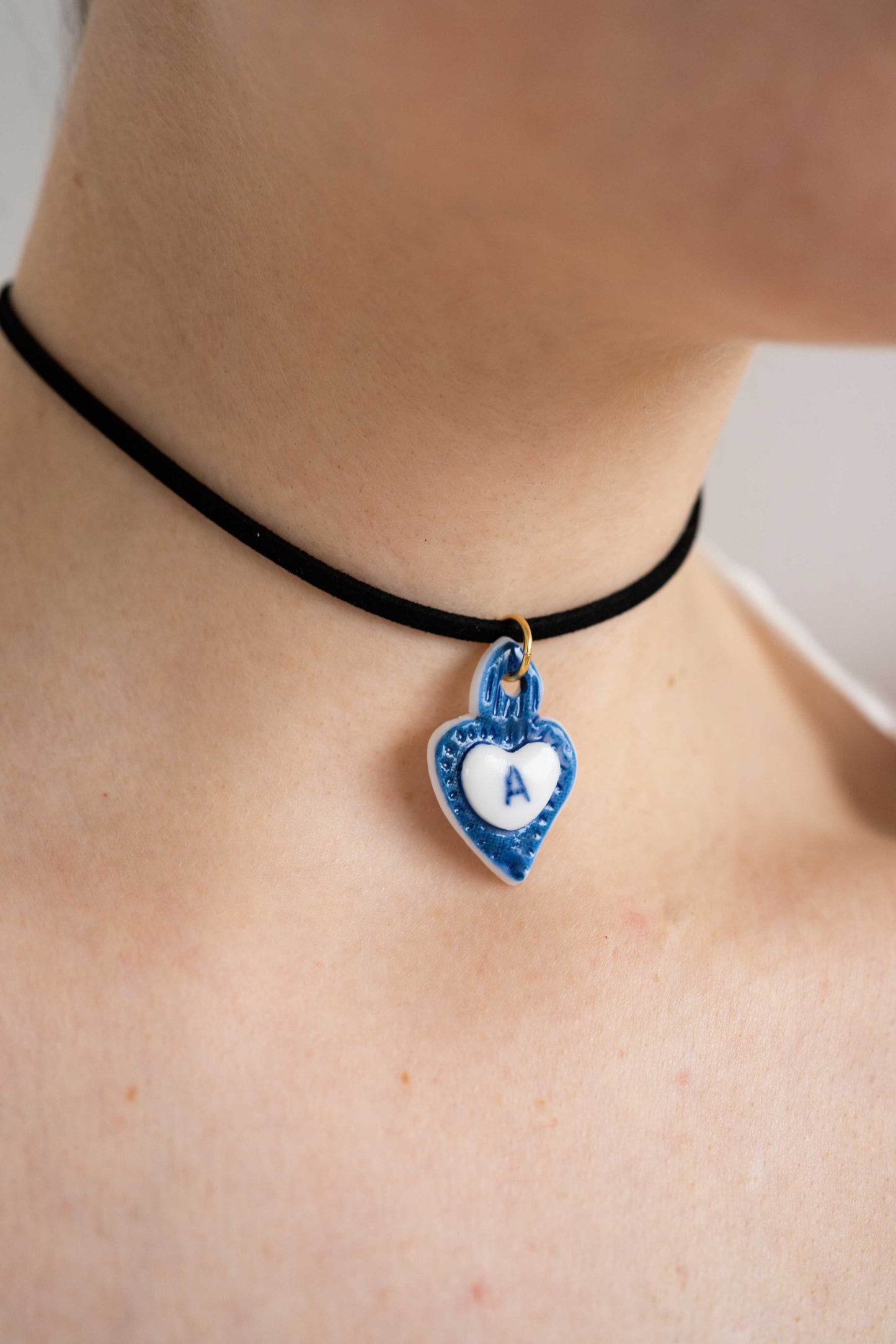 Charms - Blue Heart Porcelain Pendant - Letter A