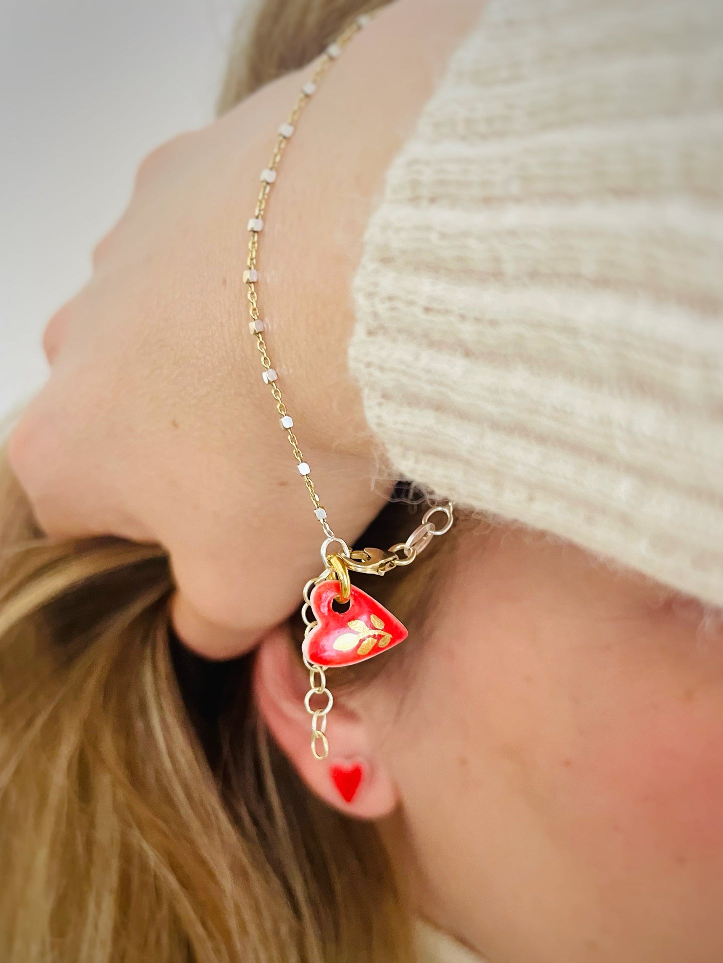 Bracciale Argento 925 - Cuore con foglia in Porcellana