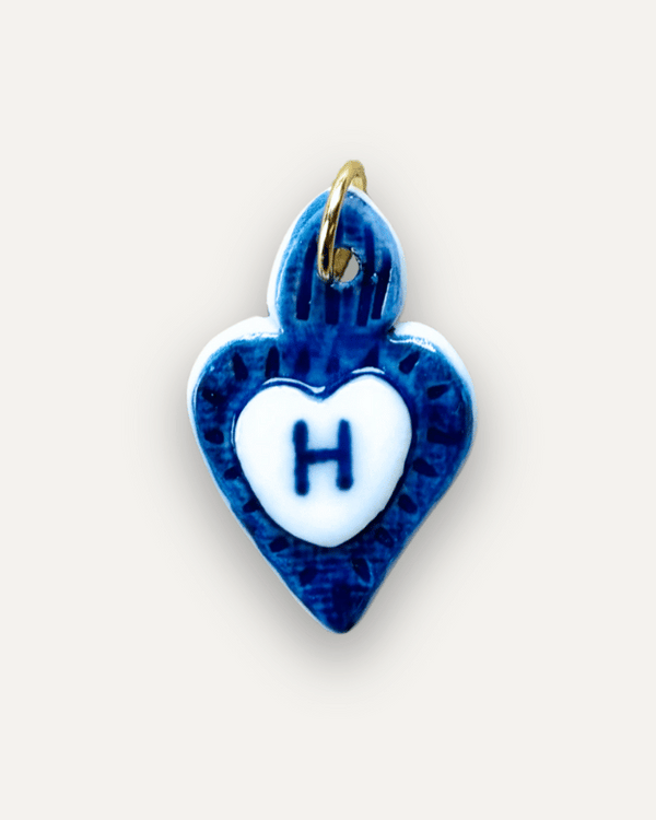 Breloques - Pendentif Coeur Bleu en Porcelaine - Lettre H