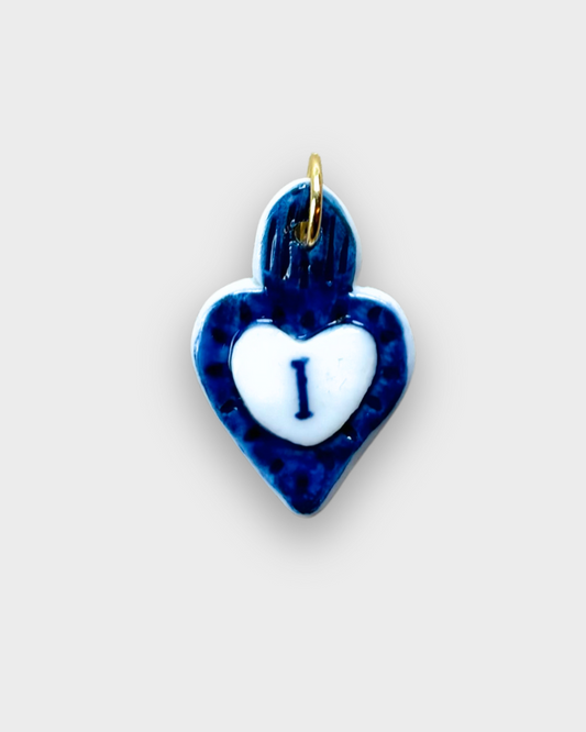 Charms - Blue Heart Porcelain Pendant - Letter I
