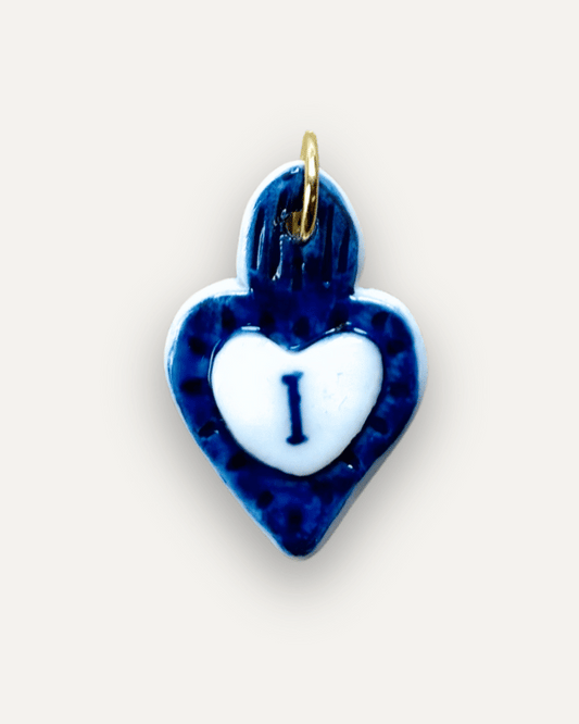 Breloques - Pendentif Coeur Bleu en Porcelaine - Lettre I