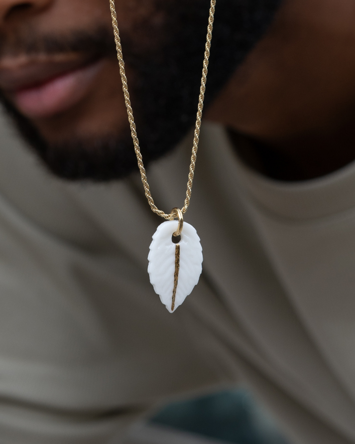 Charms - White Leaf Porcelain Pendant with Gold Line