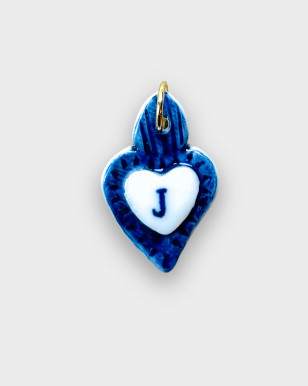 Charms - Blue Heart Porcelain Pendant - Letter J