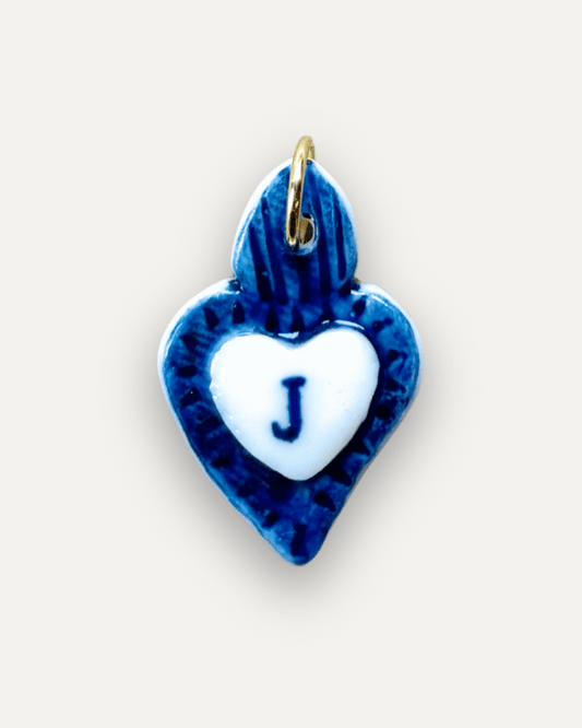 Breloques - Pendentif Coeur Bleu en Porcelaine - Lettre J