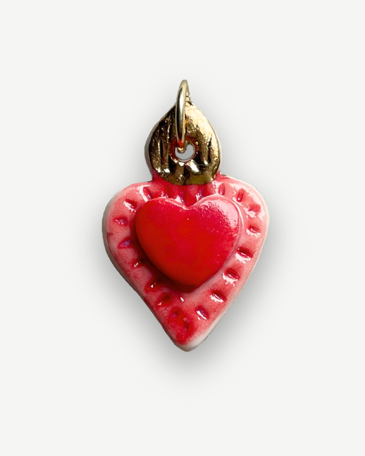 Charms - Red Heart Flame Gold Porcelain Pendant