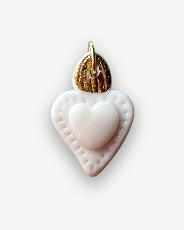 Charms - White Heart Flame Gold Porcelain Pendant