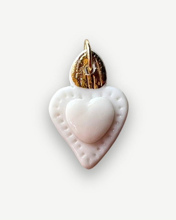 Charms - Pendentif Coeur Blanc Flamme Or Porcelaine