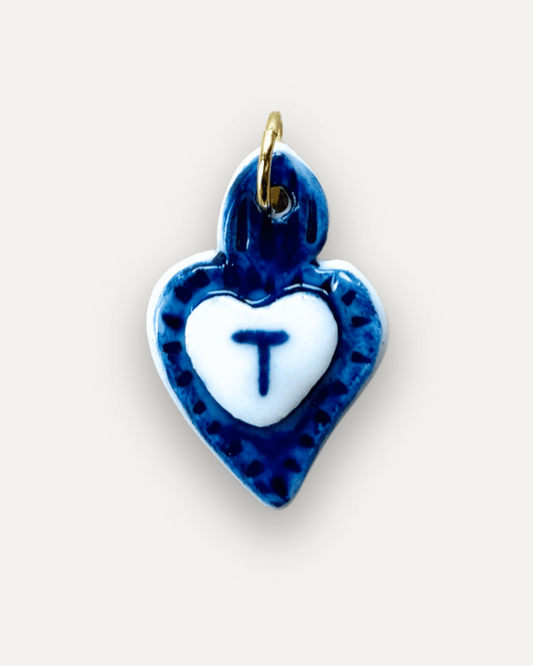 Charms - Ciondolo in Porcellana Cuore Blu - Lettera T