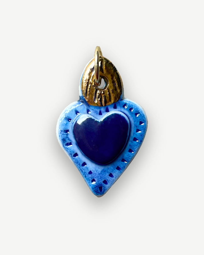 Charms - Ciondolo in Porcellana Cuore Blu Fiamma Oro