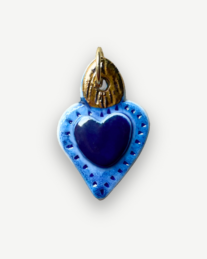 Charms - Blue Heart Flame Gold Porcelain Pendant