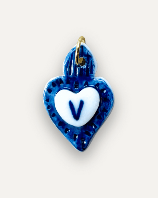 Charms - Ciondolo in Porcellana Cuore Blu - Lettera V