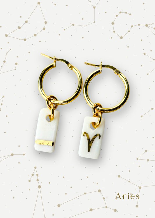 Orecchini a cerchio - Zodiaco in Porcellana Bianca e Oro