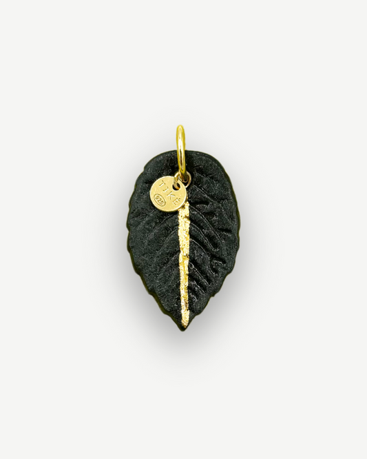 Charms - Black Leaf Porcelain Pendant with Gold Line