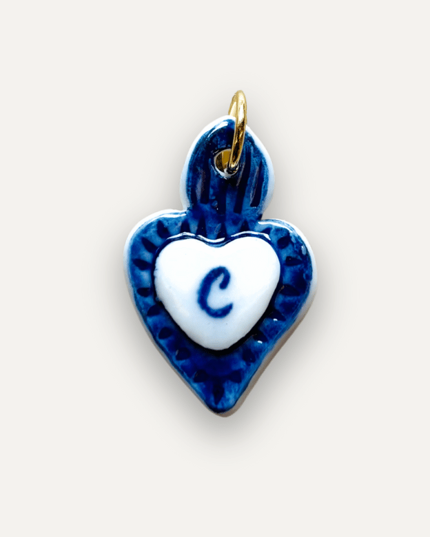 Charms - Blue Heart Porcelain Pendant - Letter C