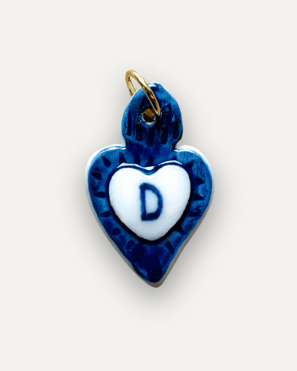 Breloques - Pendentif Coeur Bleu en Porcelaine - Lettre D