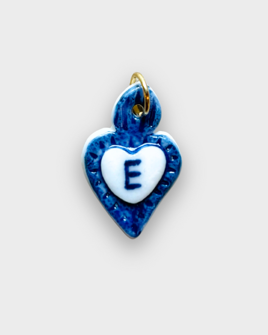 Charms - Blue Heart Porcelain Pendant - Letter E