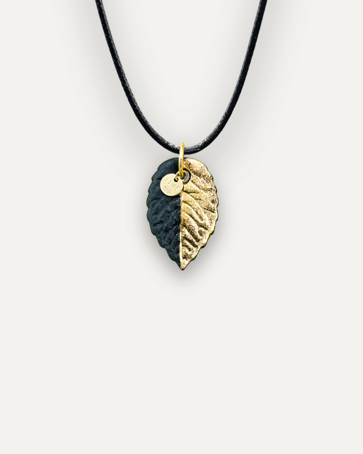 Charms - Black and Gold Leaf Porcelain Pendant