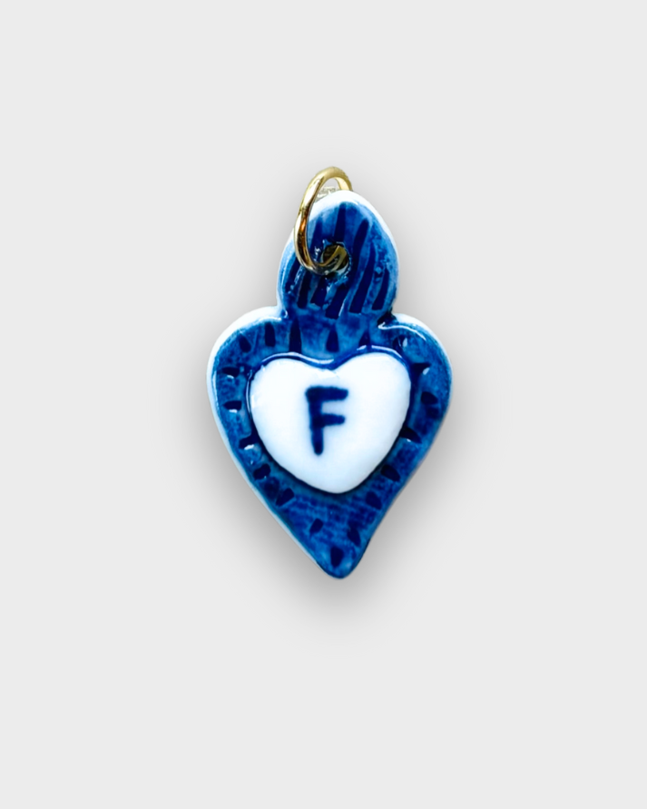Charms - Blue Heart Porcelain Pendant - Letter F