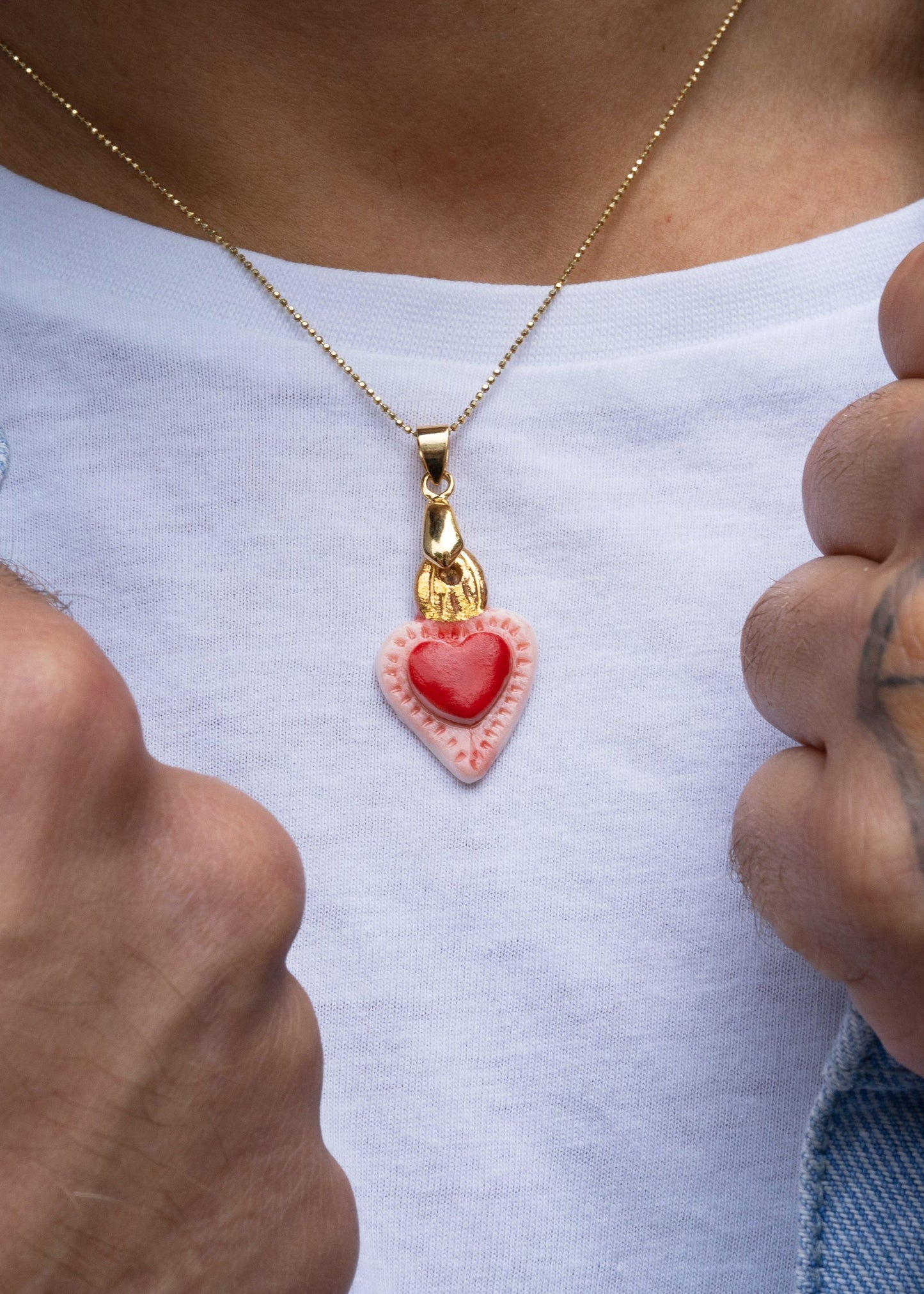 Charms - Red Heart Flame Gold Porcelain Pendant