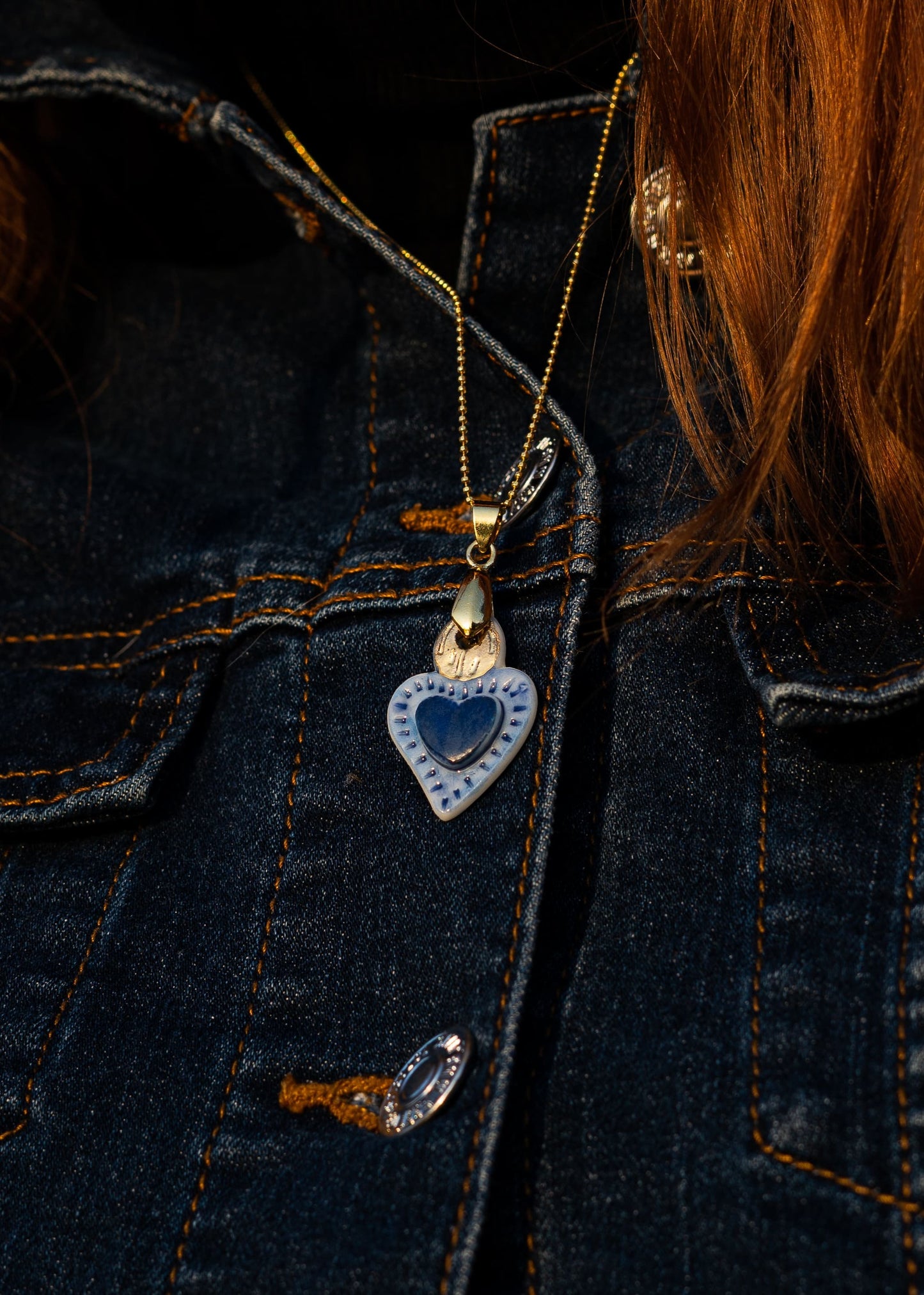 Charms - Blue Heart Flame Gold Porcelain Pendant