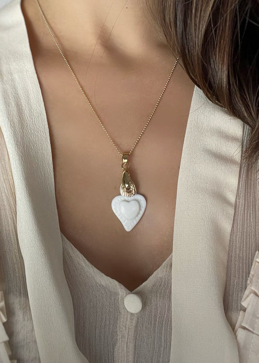 Charms - White Heart Flame Gold Porcelain Pendant